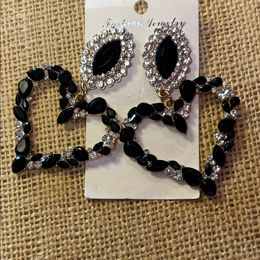 New Fashion Black & Clear Heart Rhinestone Drop Earrings